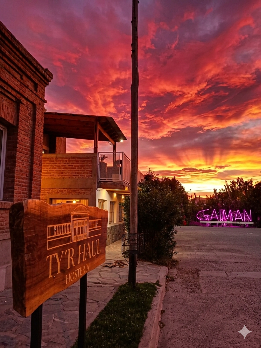Fachada de Ty'r Haul al atardecer con letrero de Gaiman iluminado