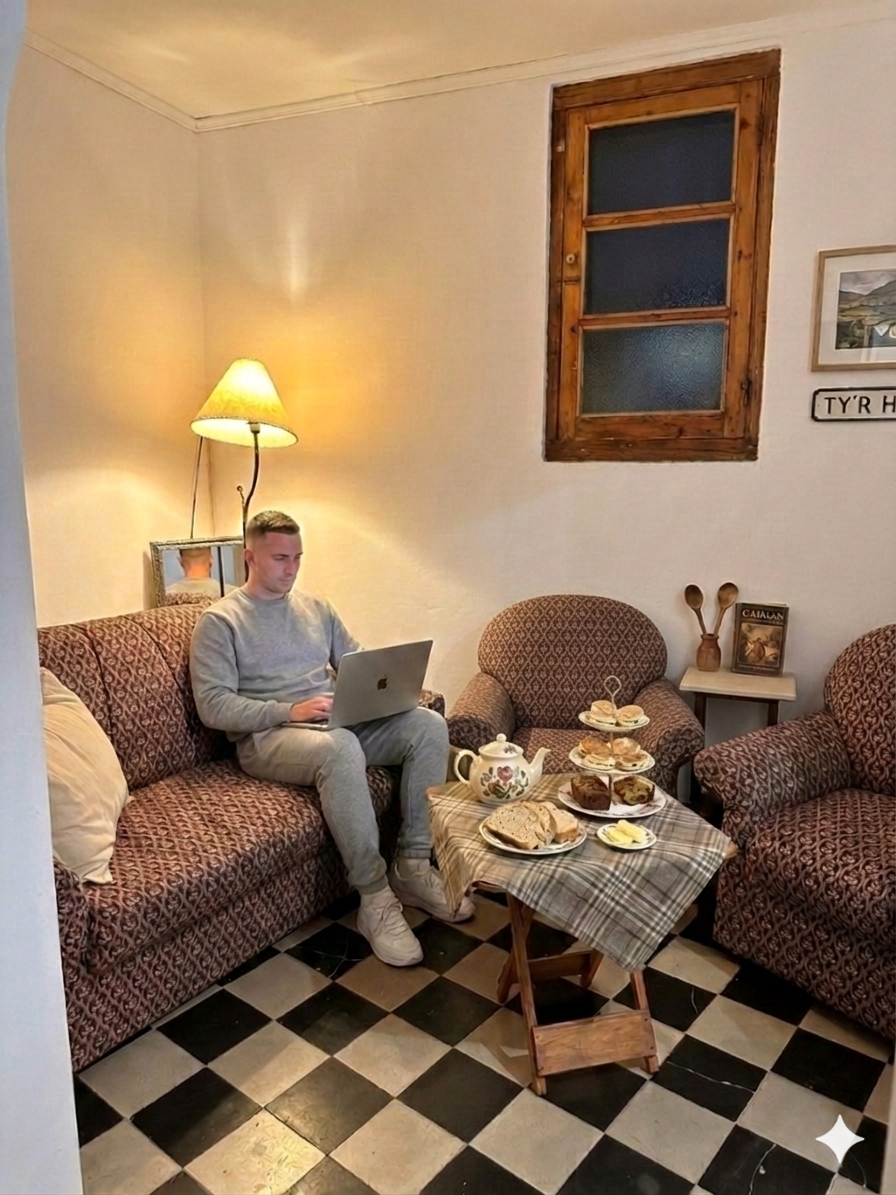 Espacio común acogedor con sillones y servicio de té galés