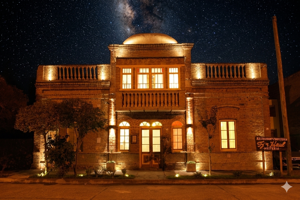 Fachada de Ty'r Haul Hostería iluminada bajo cielo estrellado en Gaiman